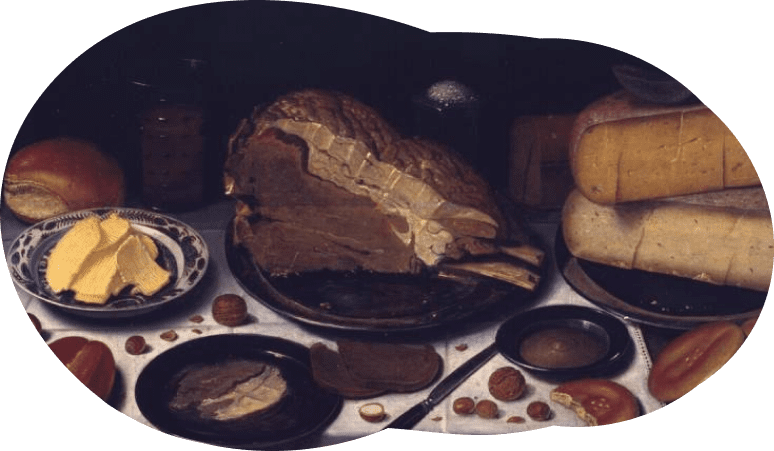 Painting showing a table with bread, cheese and butter